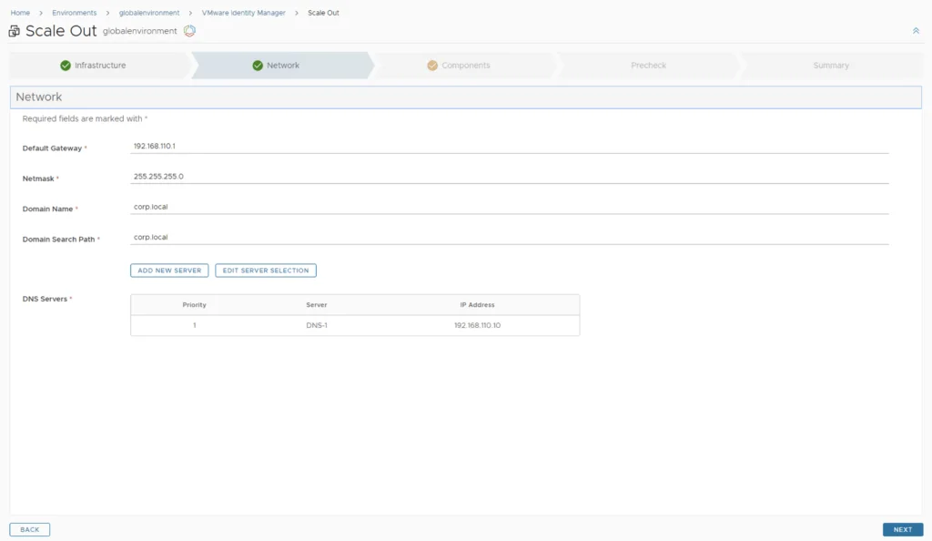 Network configuration step in vIDM 3.3.5 HA setup wizard.