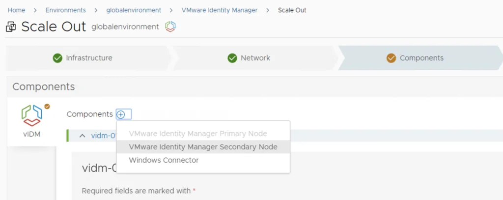 The Components page shows options for adding VMware Identity Manager nodes.