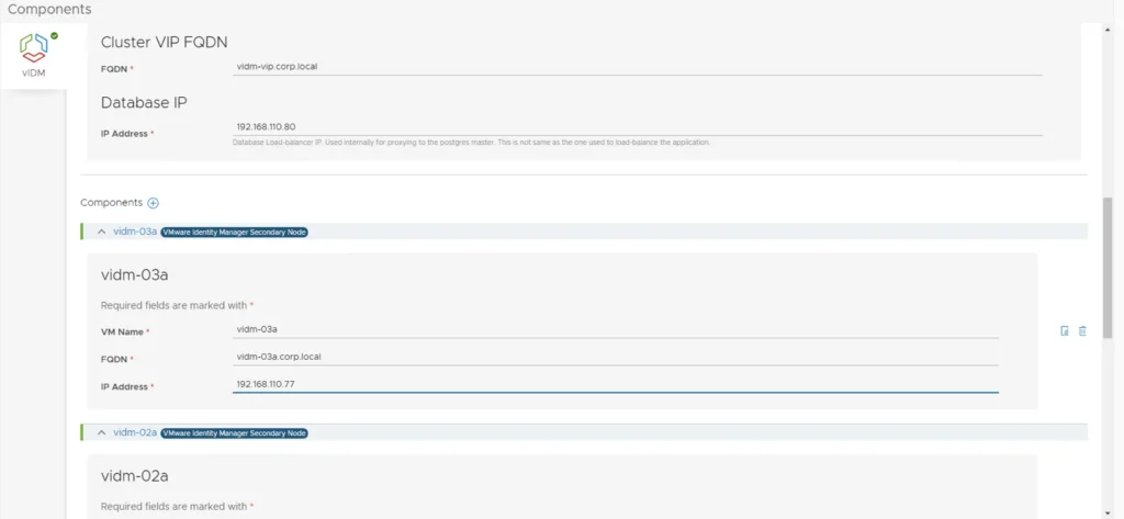 Configuring vIDM 3.3.5 HA, filling network details and Cluster VIP FQDN.