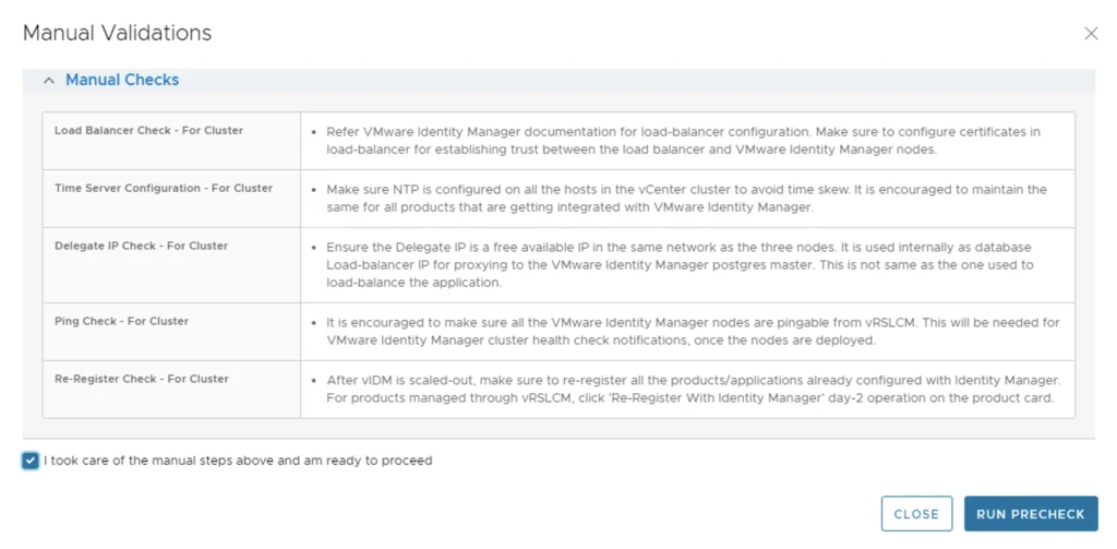 Manual validation checks for vIDM HA setup; click Run Precheck.