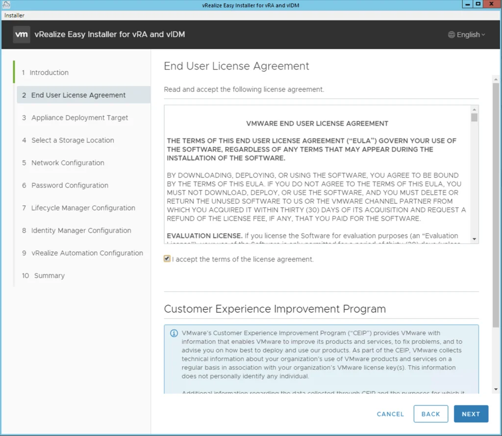 End User License Agreement screen for vRA 8.6.1 Easy Installer.