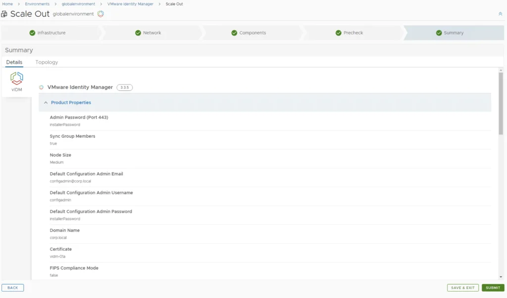 VMware Identity Manager 3.3.5 configuration summary: Admin password, Sync group, Node size, Admin email, Domain name, Certificate, FIPS compliance. Click Submit to complete.