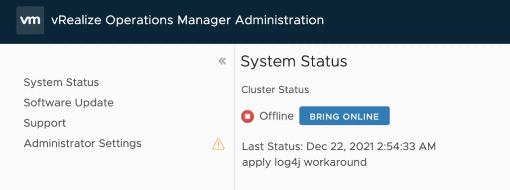 vRealize Operations Manager showing cluster offline with “BRING ONLINE” button.