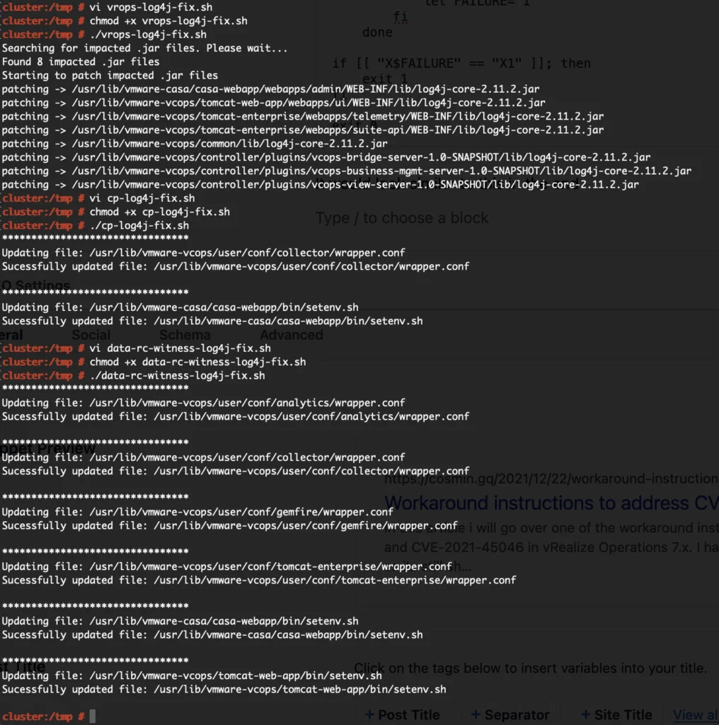 Screenshot shows log4j patching script execution and file updates in vRealize Operations 7.x.