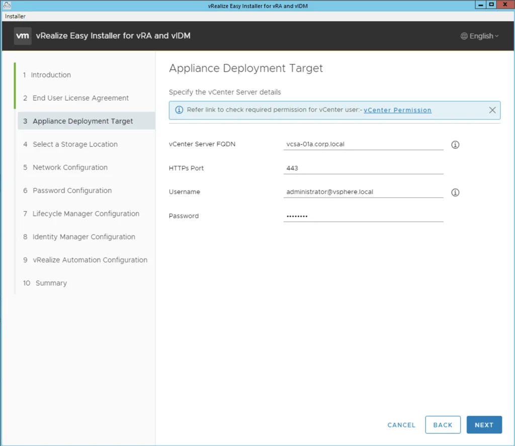 Appliance Deployment Target step in vRealize Easy Installer, showing vCenter details and permission link.