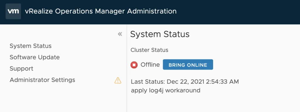 System status shows cluster offline, needs “BRING ONLINE” action.