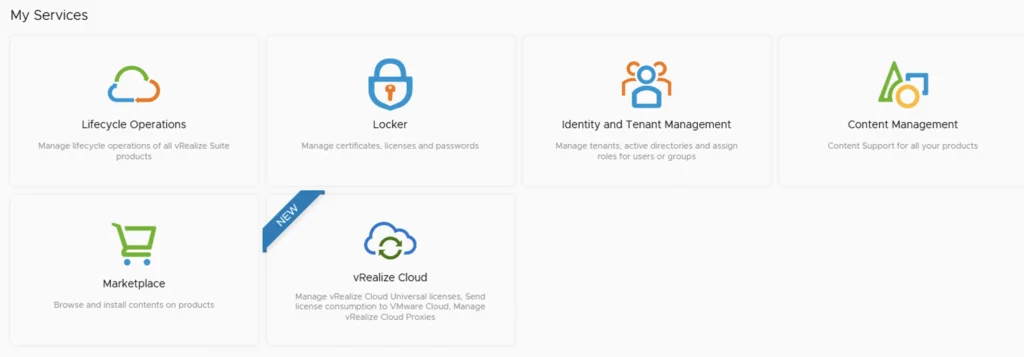 The image shows a menu with services for lifecycle operations, locker, identity and tenant management, content management, marketplace, and vRealize Cloud.