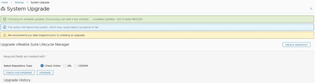 System upgrade page showing available update 8.6.1.5, reboot warning, and upgrade options.