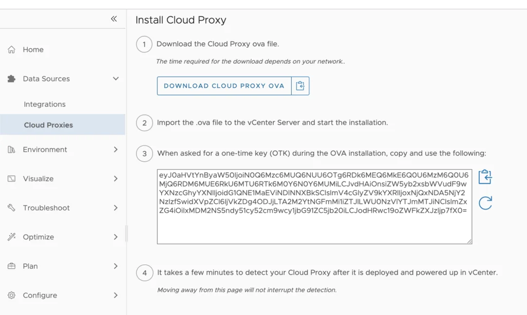 Wizard step for installing Cloud Proxy in vCenter, showing download, import, and OTK instructions.