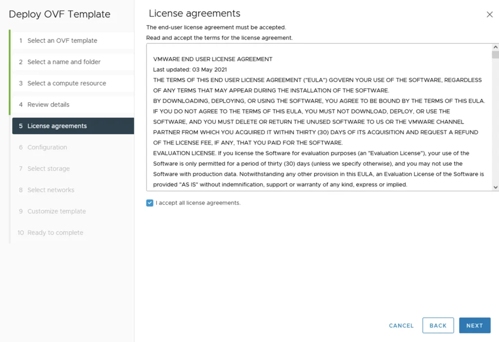 License agreements page for deploying OVF template; select ‘I accept all license agreements’ before clicking Next.