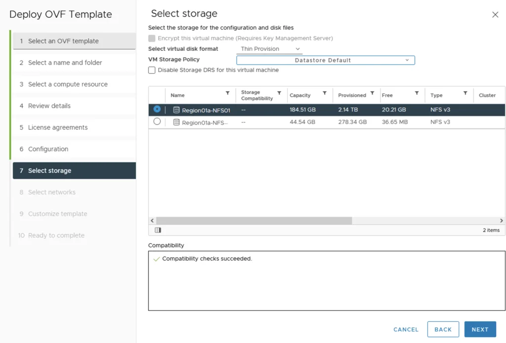 Selecting storage for vROPS deployment, choosing between two NFS v3 options.