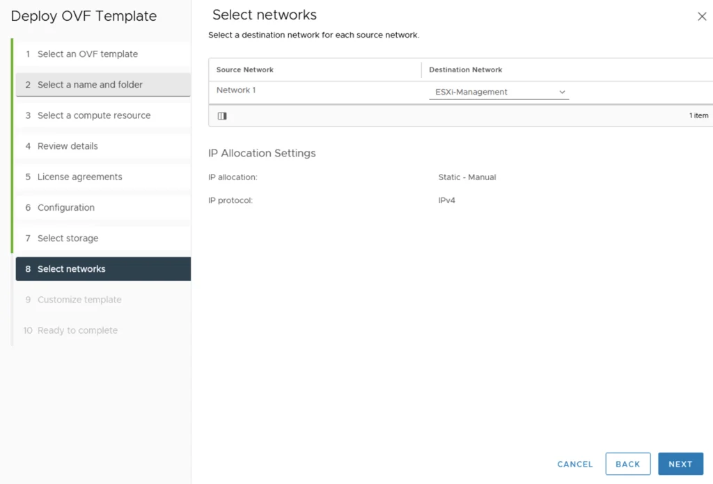 Selecting network for deployment in vROPS cloud proxy setup.