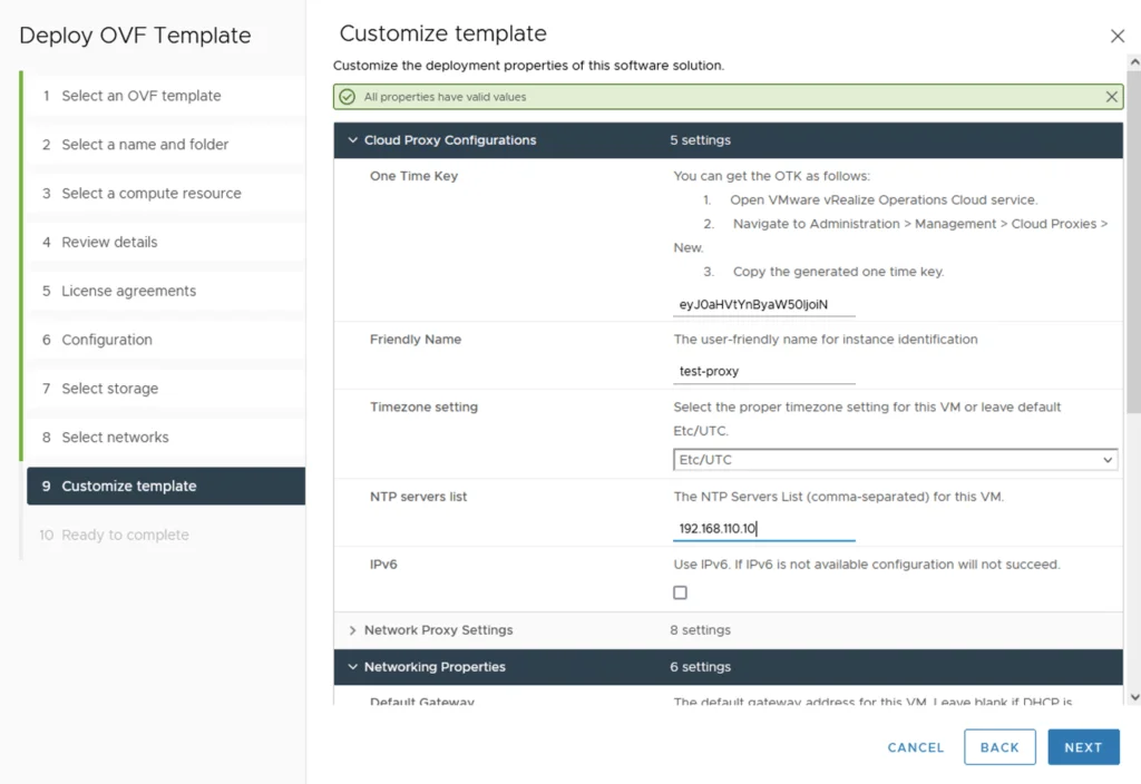 Customize template step in vROPS cloud proxy deployment wizard. Enter OTK, friendly name, and NTP server.