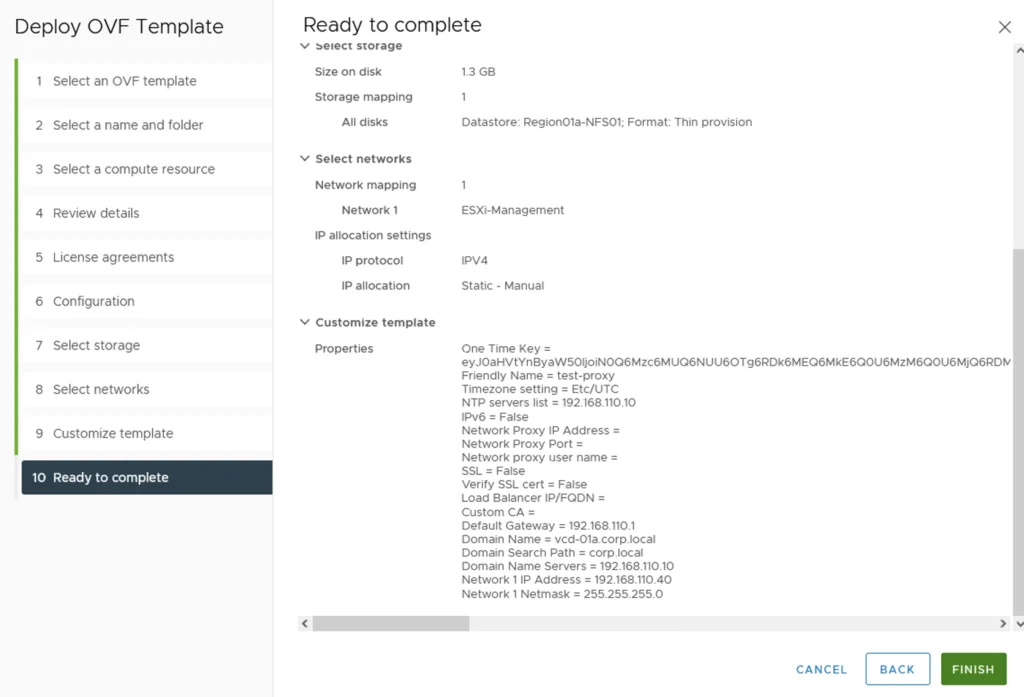 Deploy OVF template wizard shows storage, network, and customization details.