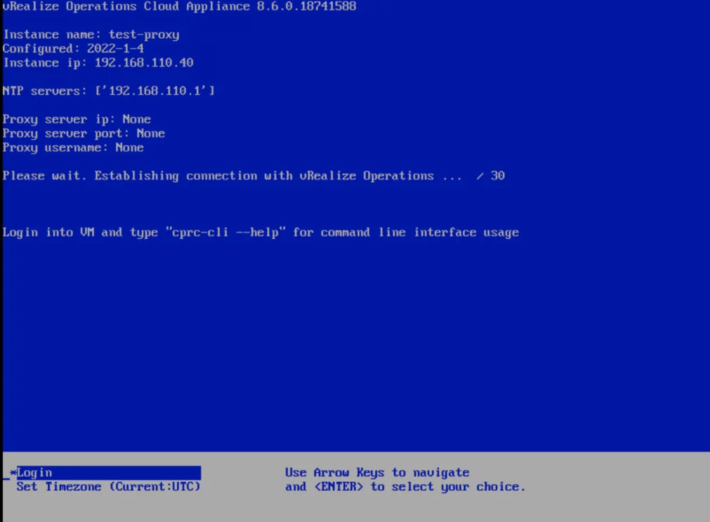 Deploying vROPS cloud proxy, console shows instance details and login prompt.