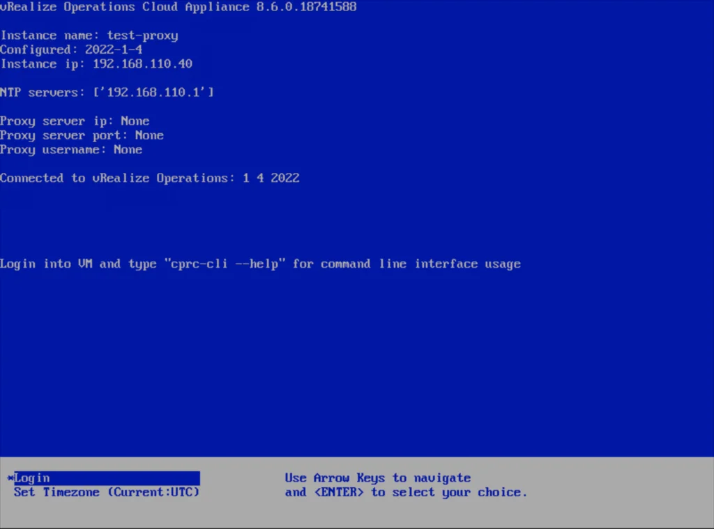Console shows vRealize Operations Cloud Appliance setup with instance details and login options.
