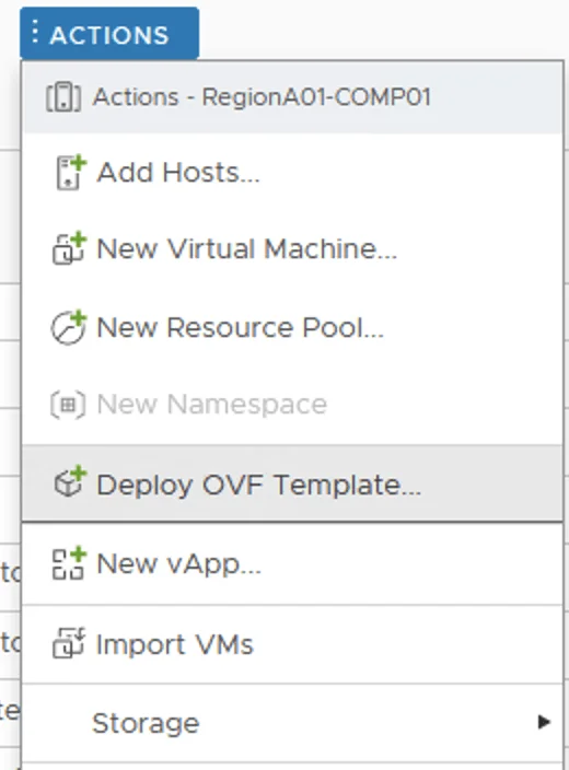 The image shows a vCenter Actions menu with options like Add Hosts, New Virtual Machine, and Deploy OVF Template.