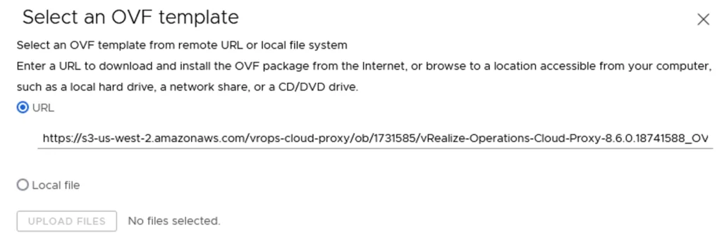 Selecting an OVF template URL for vRealize Operations Cloud Proxy deployment.
