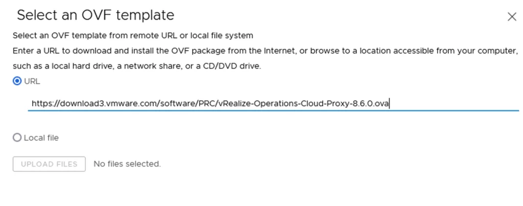 Selecting an OVF template URL for vRealize Operations Cloud Proxy deployment.