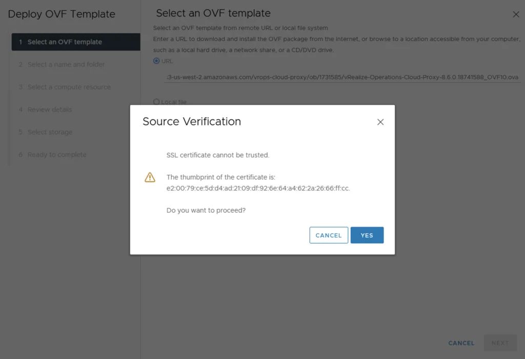 The image shows a “Source Verification” dialog in a deployment wizard, warning about an untrusted SSL certificate and asking to proceed.