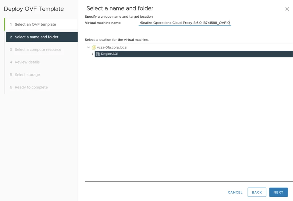 Deploying vROPS cloud proxy: Select name and location, then click Next.