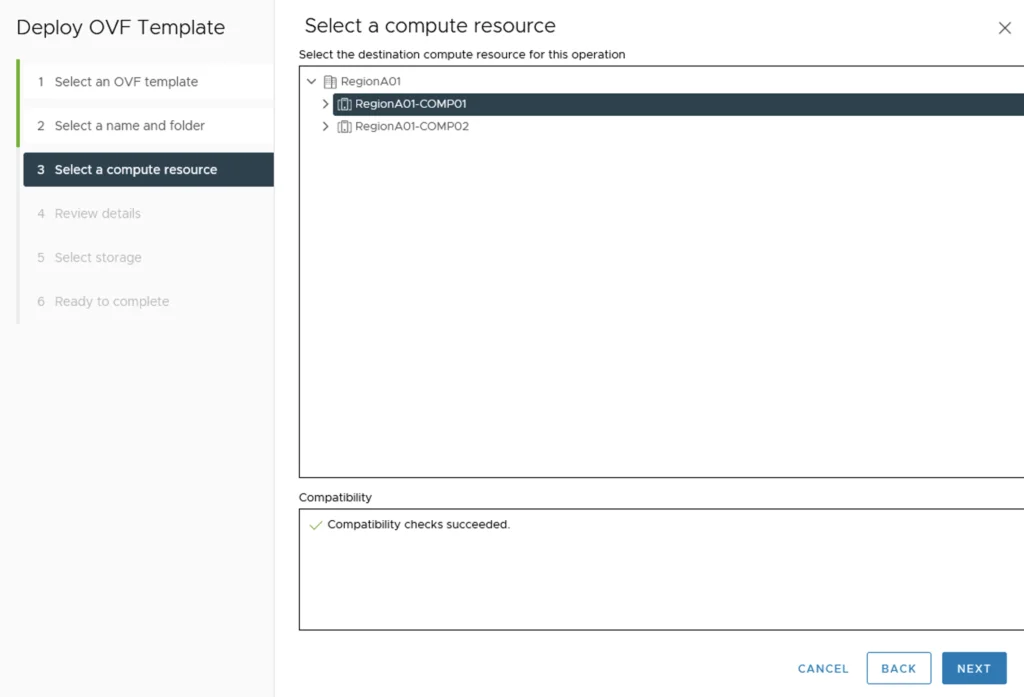 Select RegionA01-COMP01 for compute resource, then click Next.