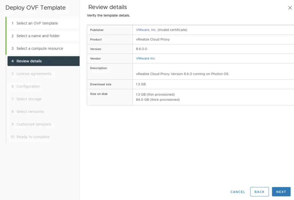Reviewing vRealize Cloud Proxy deployment details, 8.6.0.0 version, thin/thick provisioning sizes.