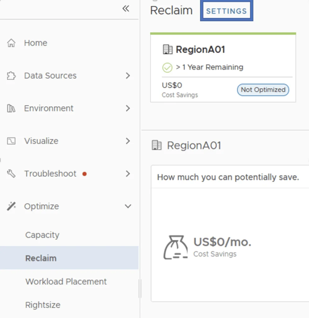 The image shows Reclaim Settings in a cloud management tool, indicating RegionA01 with 1 year remaining and US$0 cost savings.