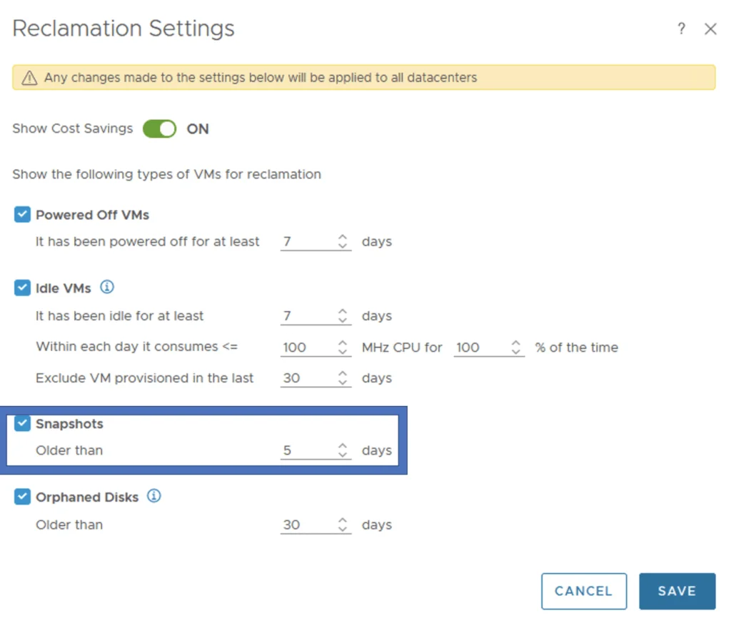 Reclamation Settings UI shows options for powered off, idle VMs, snapshots, and orphaned disks.