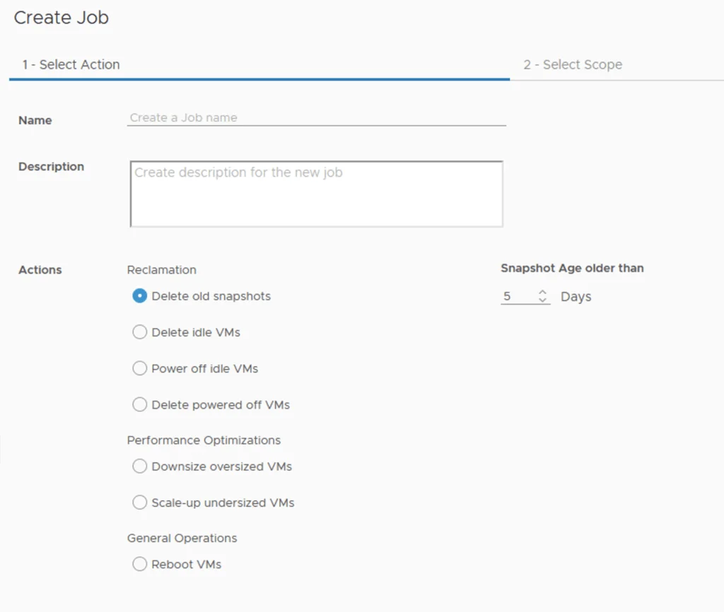 Automation Central job creation wizard showing snapshot age setting.