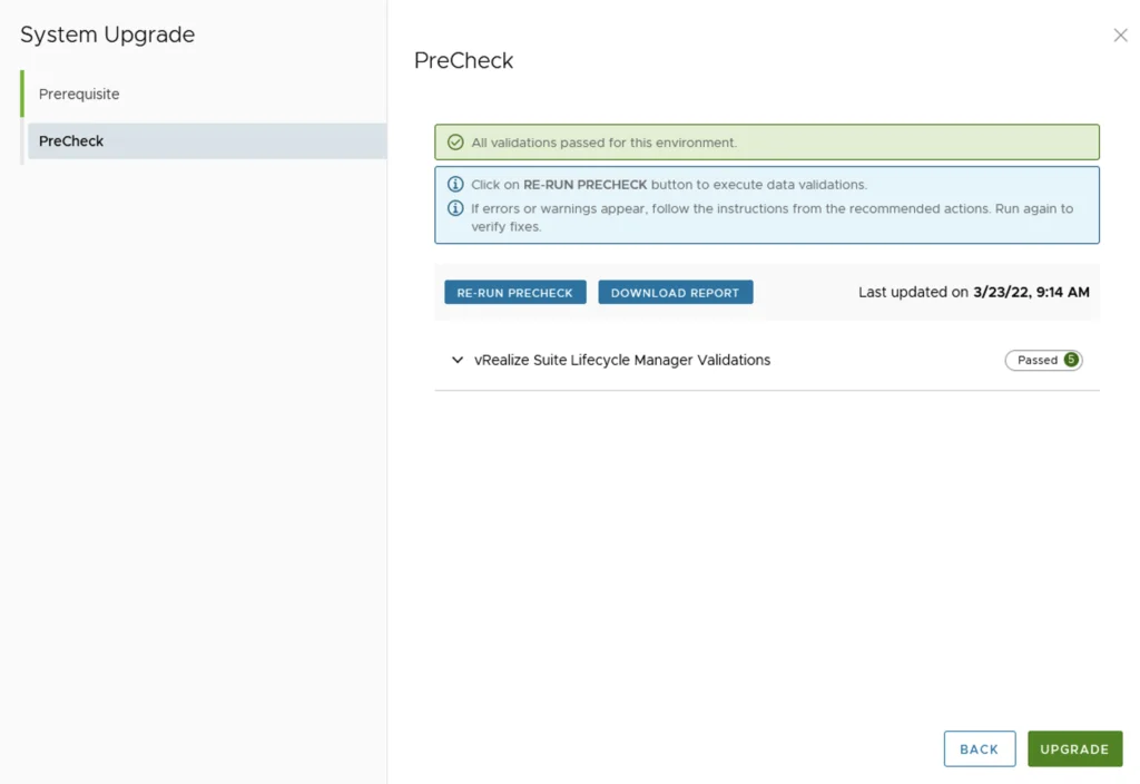 PreCheck step shows all validations passed; click Upgrade to proceed.