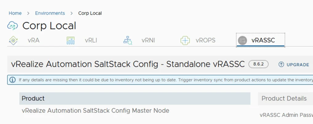 UI shows upgrade option for vRealize Automation SaltStack Config to 8.6.2.
