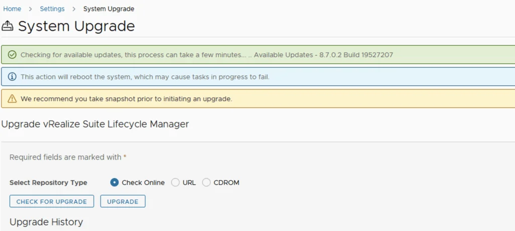 System upgrade page shows available update to 8.7.0.2.