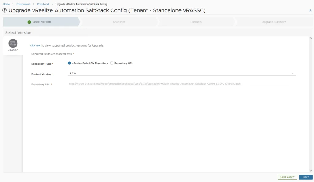 Upgrade wizard step showing version selection for vRealize Automation SaltStack Config.