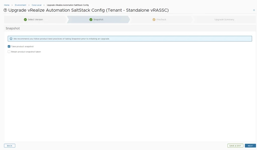Wizard step: Snapshot. Takes product snapshot before upgrade.