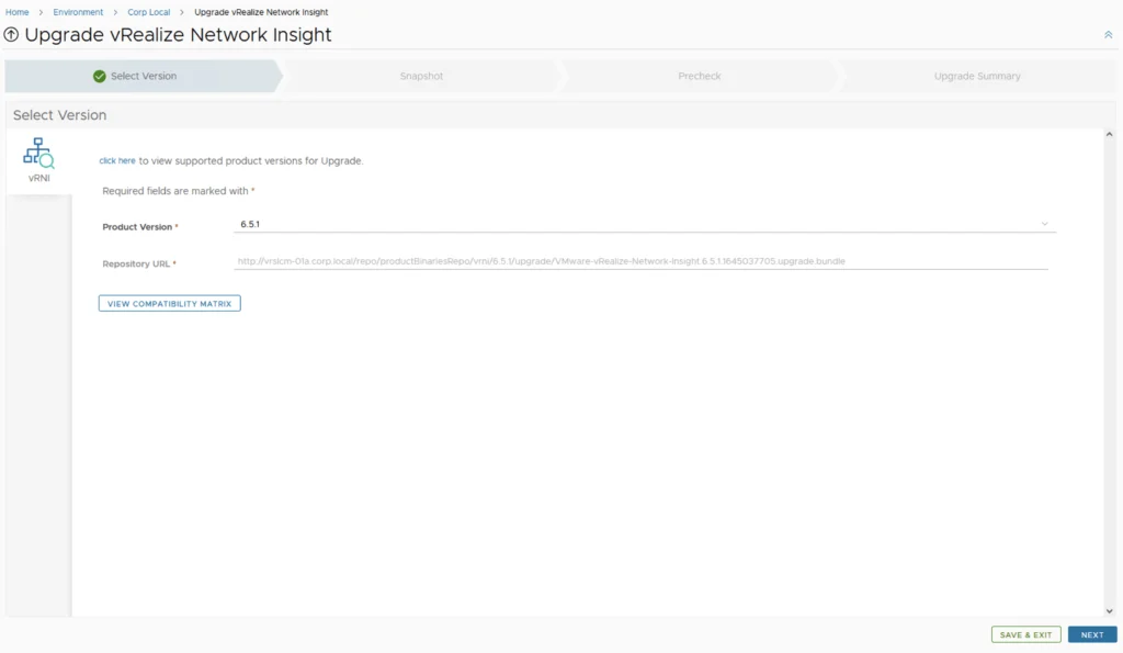 Upgrade wizard step showing vRNI version selection with 6.5.1 and repository URL.