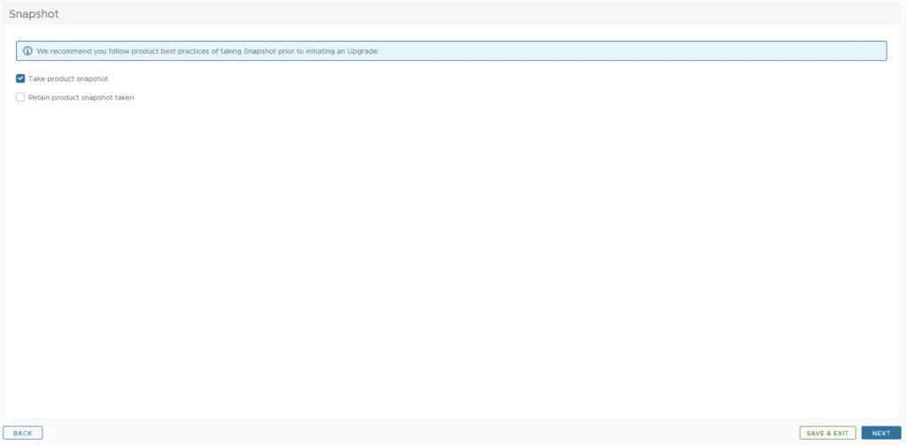 Upgrade wizard step: Snapshot. Check “Take product snapshot” and “Retain snapshot”.