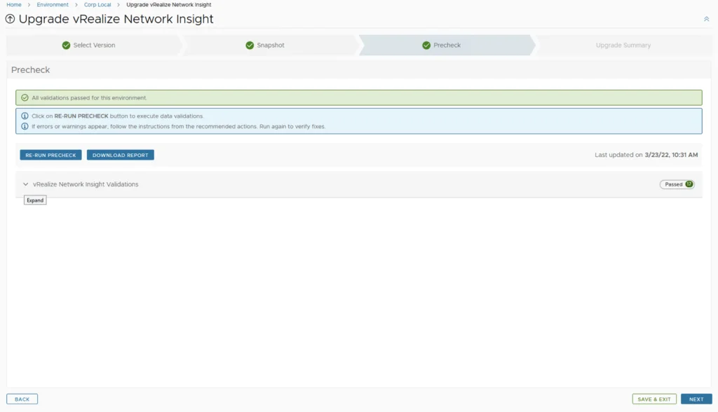 Upgrade vRealize Network Insight precheck shows all validations passed; click Next to continue.