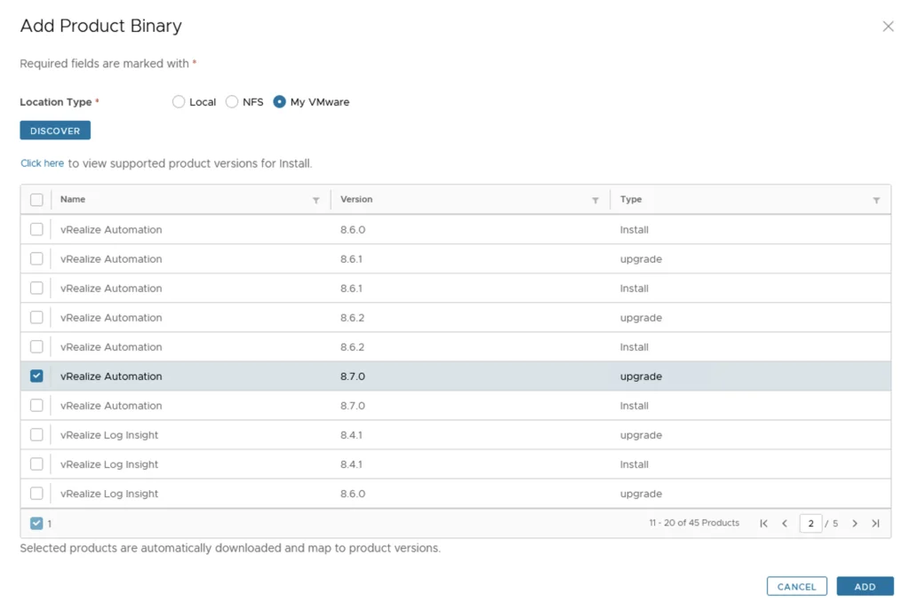 The image shows the “Add Product Binary” step in a vRA upgrade wizard, listing vRealize Automation versions for selection.