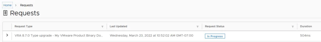 Upgrading vRA to 8.7 in progress. Click to view details.