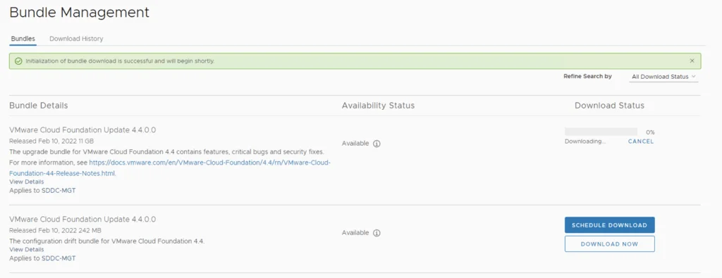 Bundle Management page showing VMware Cloud Foundation 4.4 update and drift bundle download status.