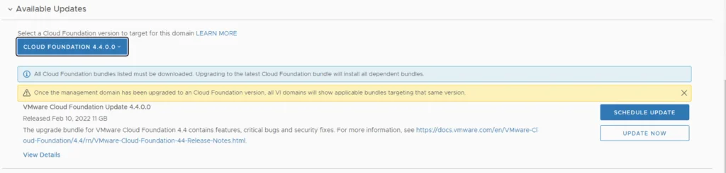 Select Cloud Foundation 4.4.0.0, download bundles, then click Update Now.