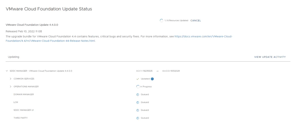 Upgrading VMware Cloud Foundation 4.4.0.0, 1/6 resources updated.