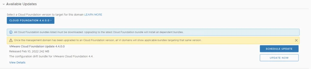 Select Cloud Foundation version, download bundles, then click “Update Now.