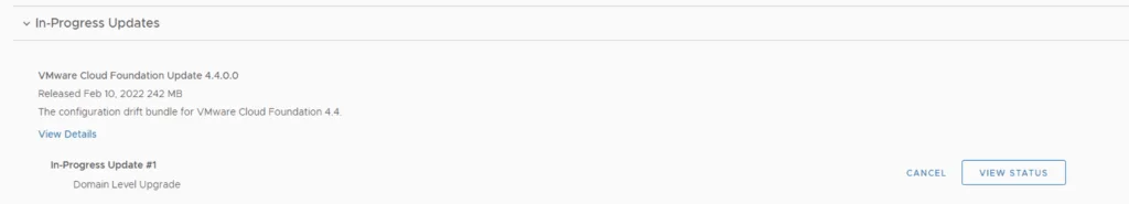 UI shows VMware Cloud Foundation Update 4.4.0.0 and In-Progress Update #1.