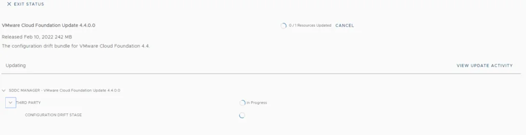 Updating VMware Cloud Foundation 4.4.0.0, showing progress and status.