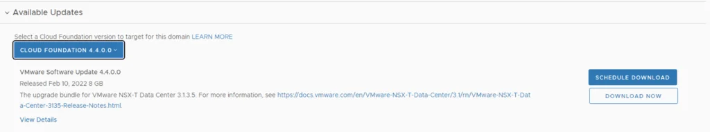 UI shows Cloud Foundation 4.4.0.0 update for NSX-T Data Center 3.1.3.5.