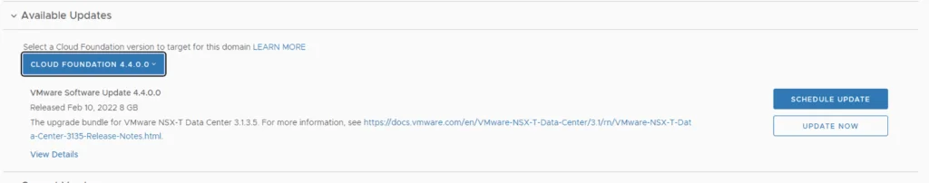 Update screen for VMware Cloud Foundation 4.4.0.0; click “Update Now” to start.