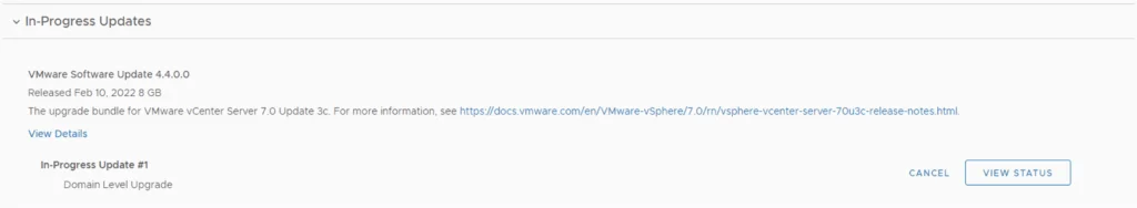 In-progress update details and status view for VMware Software Update 4.4.0.0.