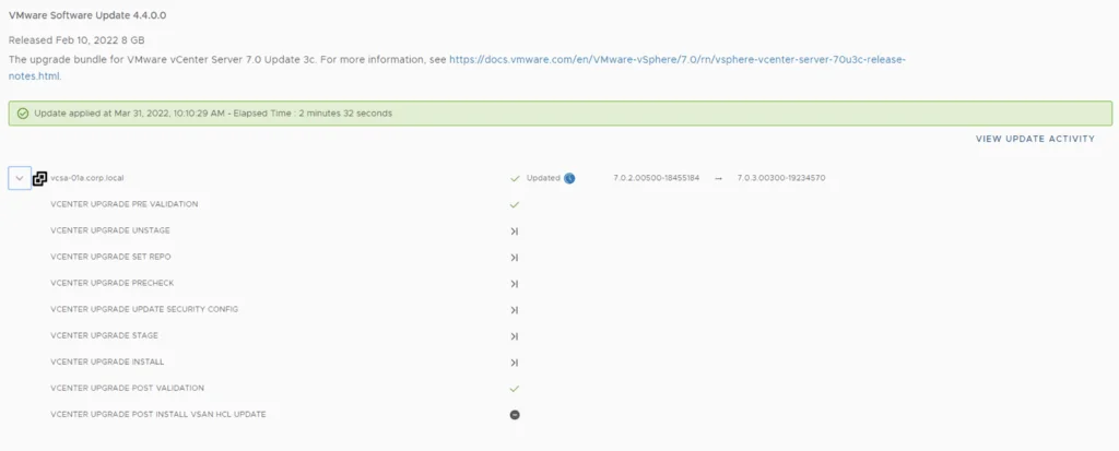 Upgrade summary for VMware vCenter Server 7.0 Update 3c shows successful updates and stages.